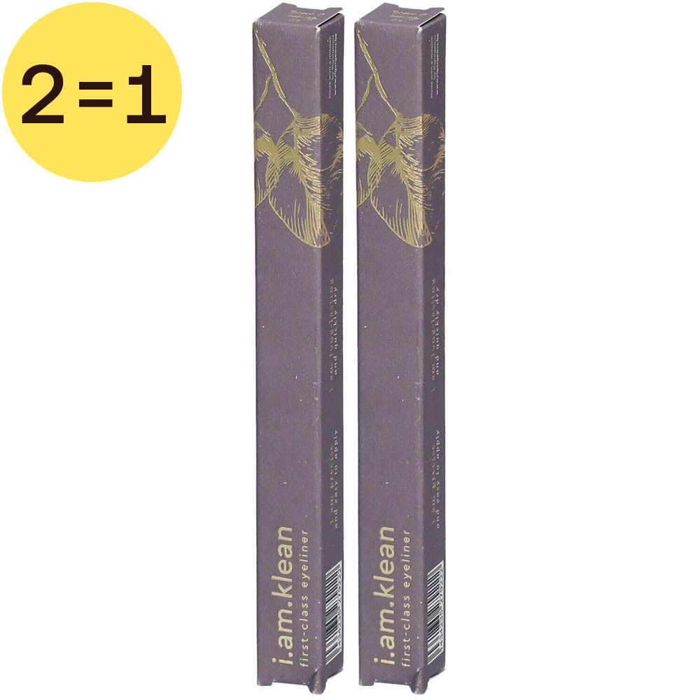 Deux eyeliners noirs dans un emballage violet. Inscription : i.am.klean, first-class eyeliner. Cercle jaune avec "2=1".