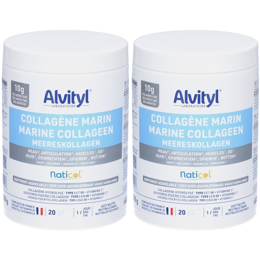 Deux boîtes blanches avec étiquettes bleues et blanches. Inscription: Alvityl Collagène Marin. Contient 20 portions.