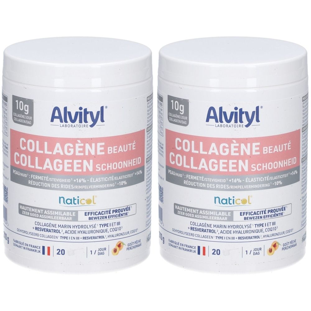 Zwei weiße Dosen mit rosa Etiketten. Aufschrift: Alvityl Collagène Beauté. Enthält Meereskollagen, Hyaluronsäure und Resveratrol.