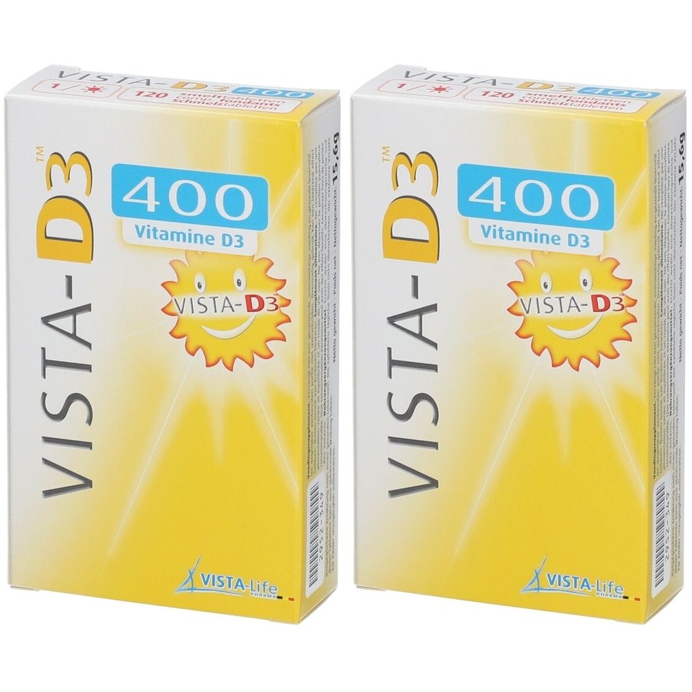 Deux boîtes de Vista-D3 400. Emballage jaune avec texte blanc. Contient de la vitamine D3. Logo soleil et texte.
