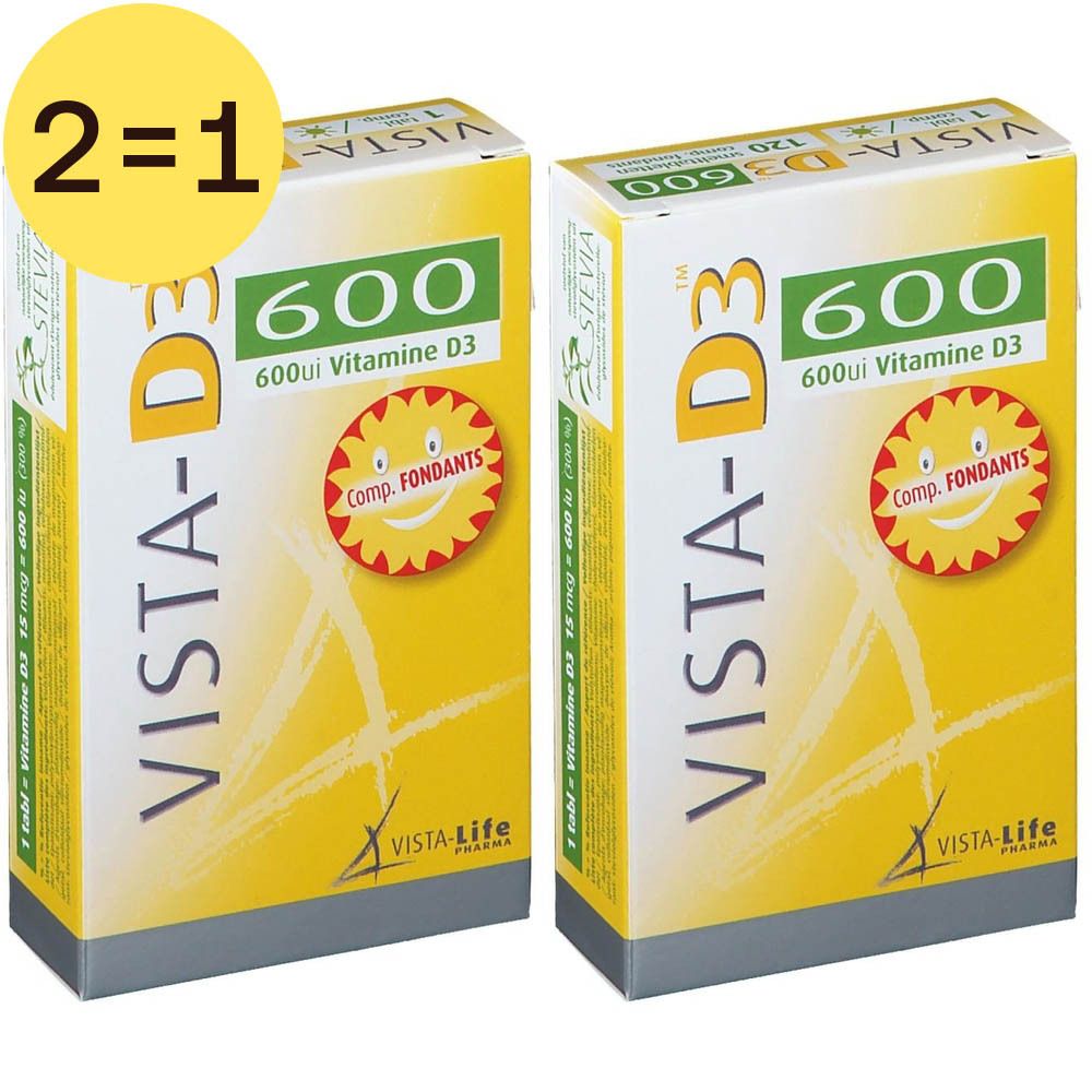 Zwei Schachteln Vista-D3 600. Aufschrift: 600ui Vitamine D3. Gelbe Verpackung mit Logo und Text.