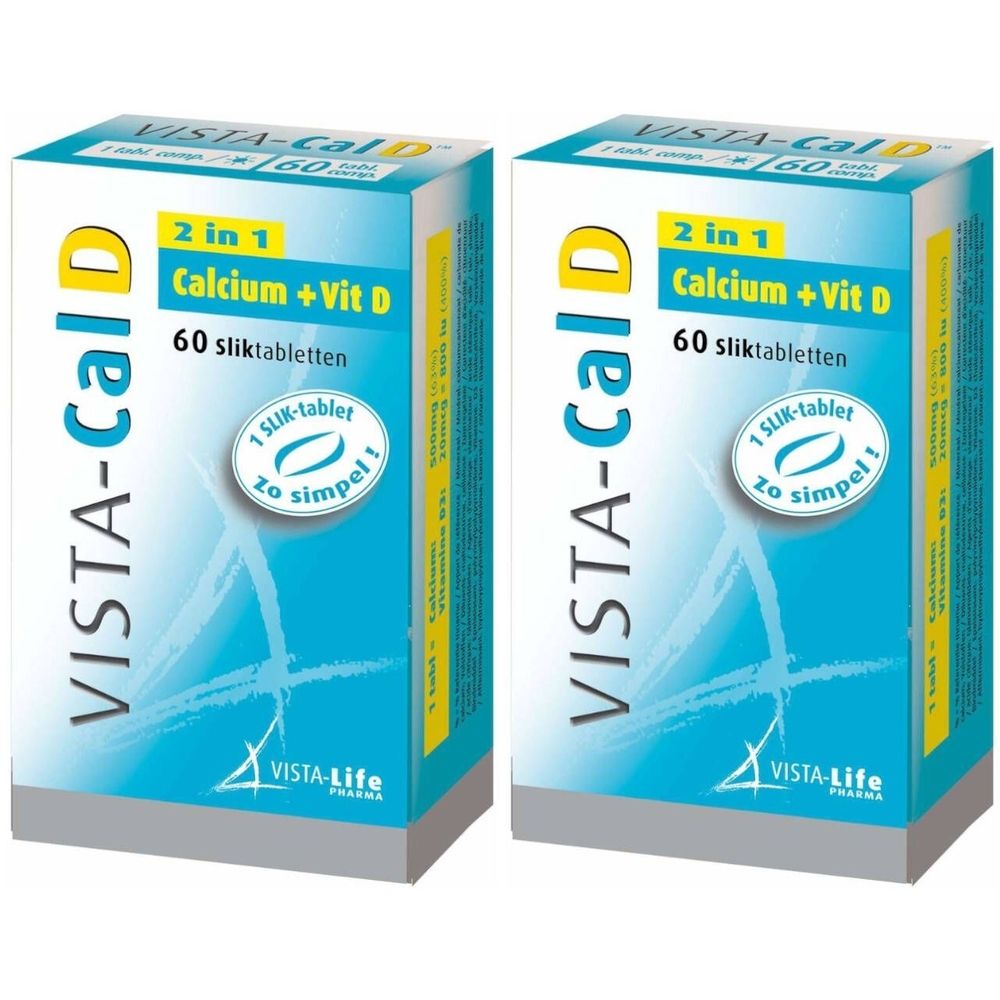 Deux boîtes de VISTA-Cal D. Inscription : Calcium + Vit D, 60 comprimés. Logo VISTA-Life Pharma.