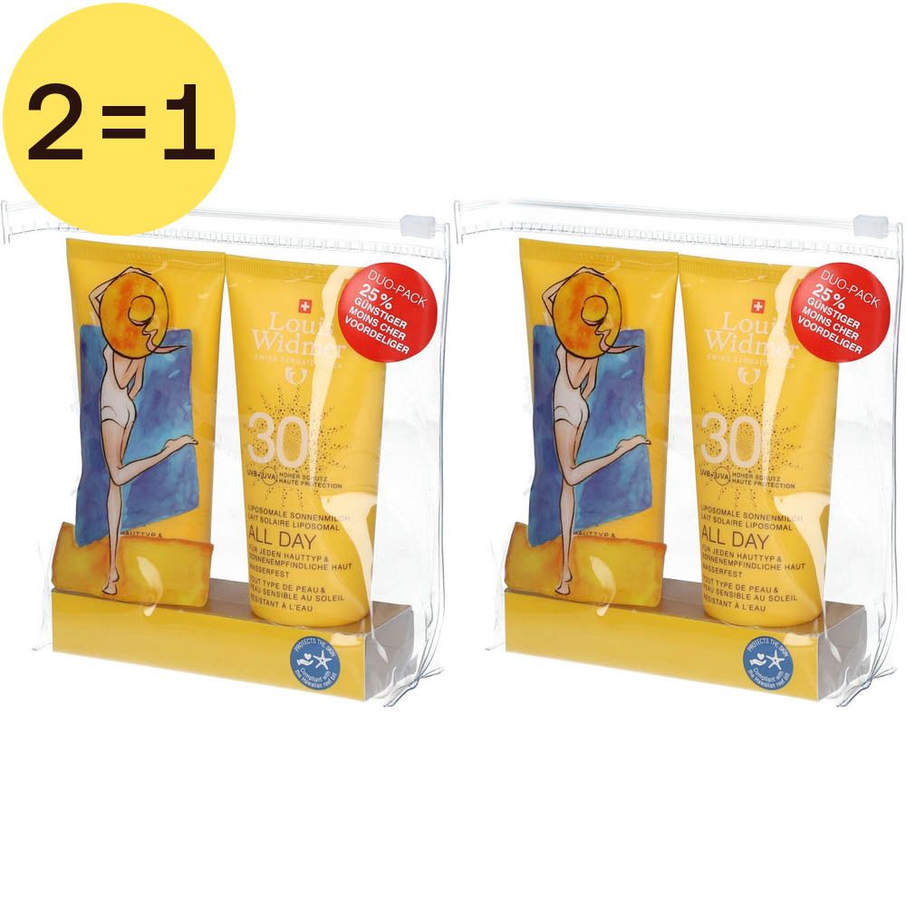 Zwei gelbe Tuben in transparenter Tasche. Aufdruck: SPF 30, All Day. Duo-Pack-Etikett.
