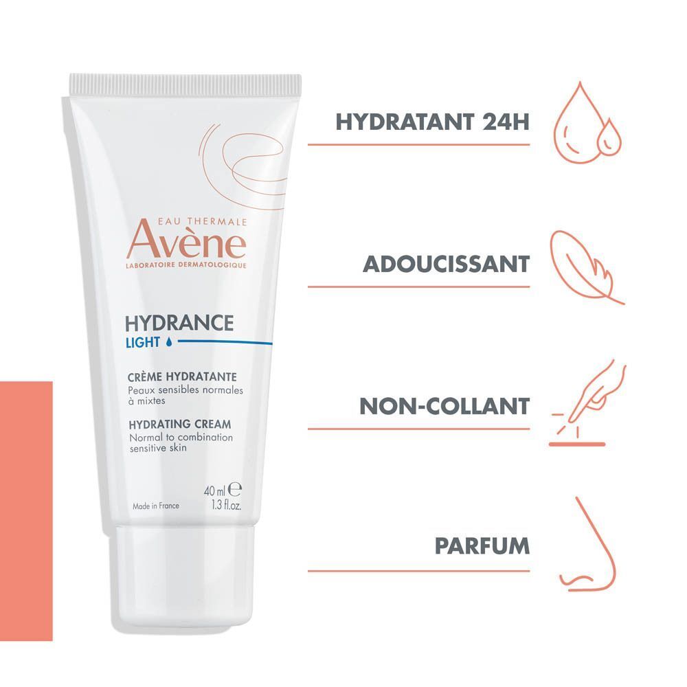 Tube Avène Hydrance Light. Hydrate, adoucit, réconforte. Peaux normales à mixtes.