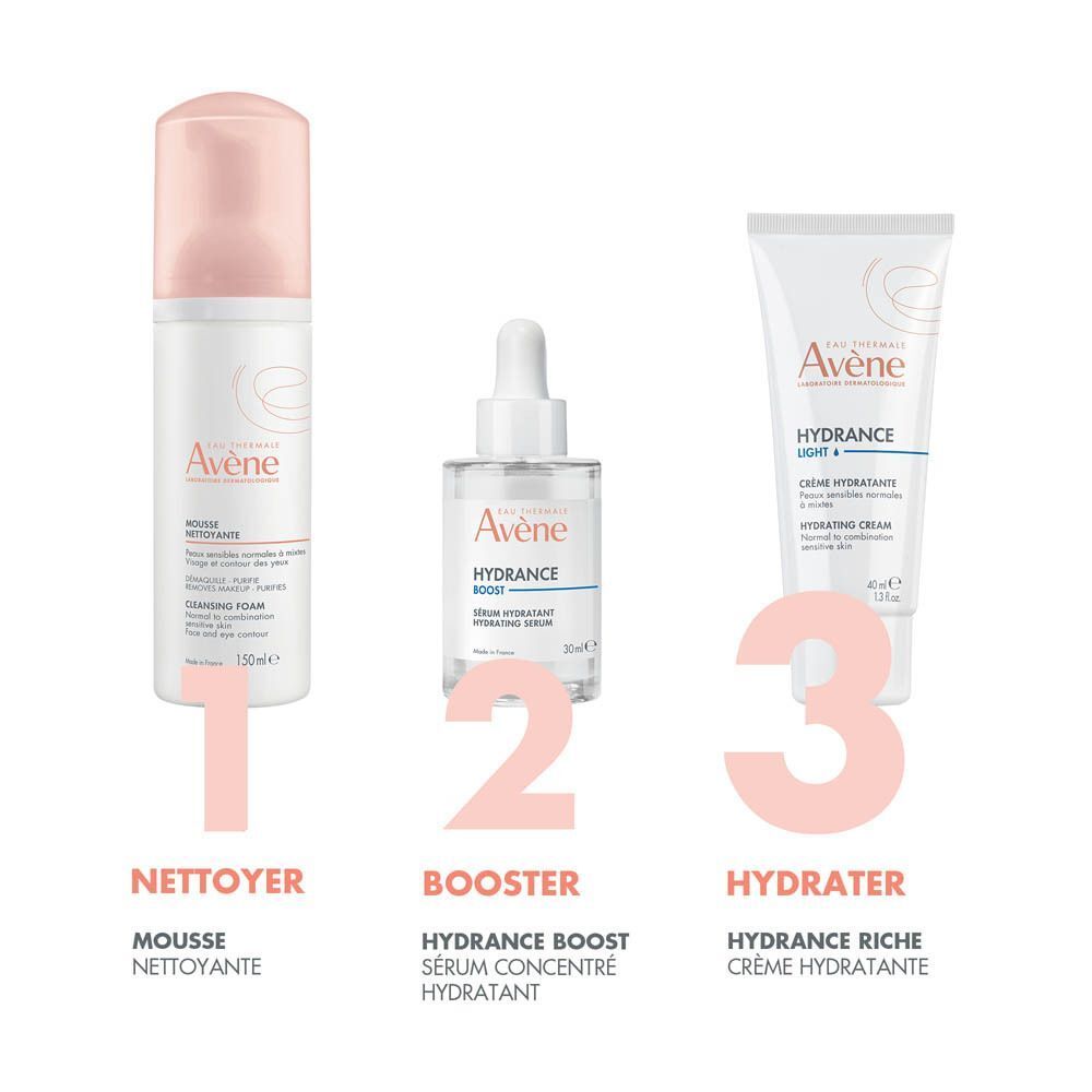 Tube Avène Hydrance Light : 24h hydratant, adoucissant, non collant, parfum.