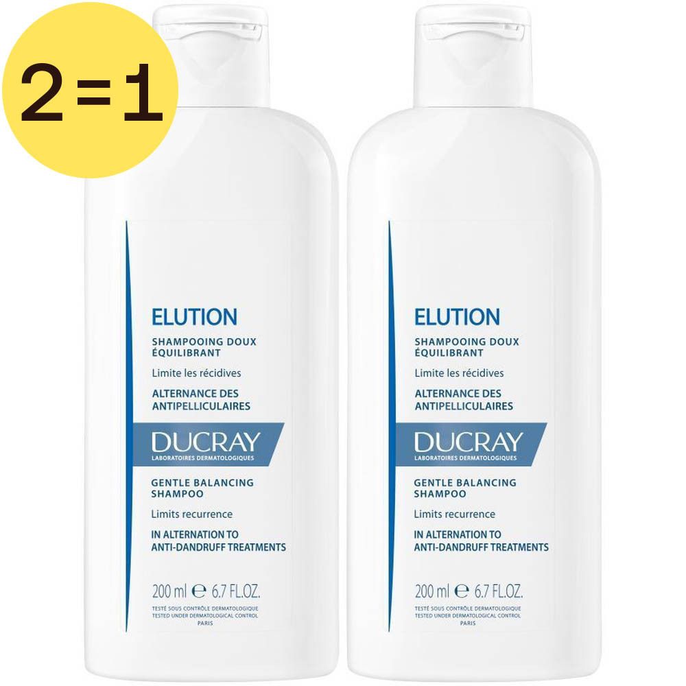 Deux flacons blancs de shampooing Ducray Elution. Étiquettes bleues avec texte. Autocollant jaune : 2=1.