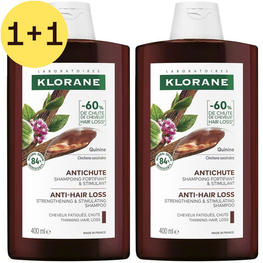 Deux flacons de shampooing Klorane. Étiquette avec texte: "Force - Cheveux Fatigués". 2 pour 1.