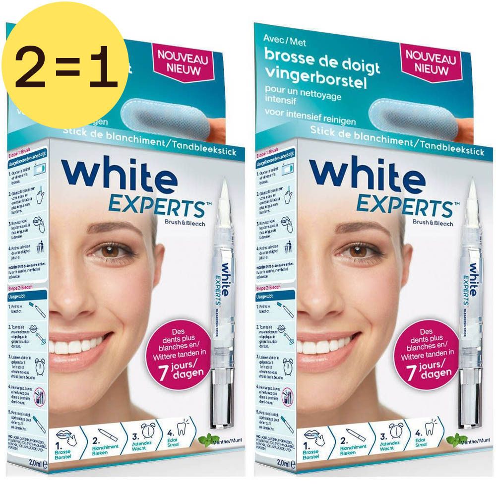 Zwei Packungen White Experts Bleaching-Stift mit Fingerbürste. Aufdruck: 2=1. Auf der Verpackung ist ein lächelndes Gesicht abgebildet.