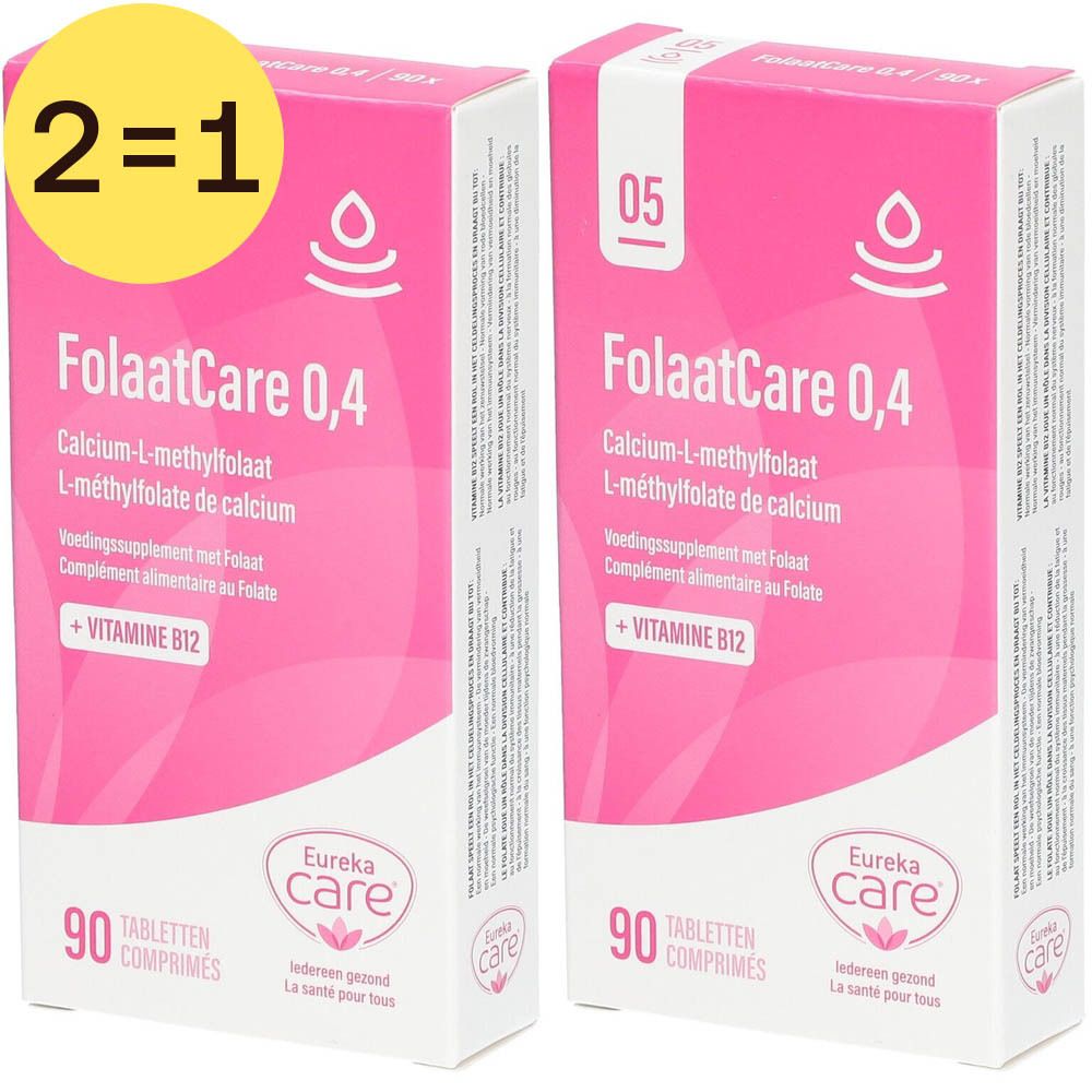 Deux boîtes de Eureka Care® FolaatCare 0,4. Emballage rose avec texte blanc. Inscription : + VITAMINE B12. Autocollant 2=1.