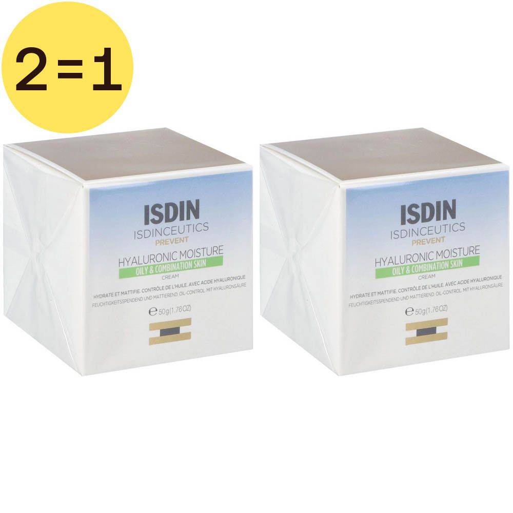Deux boîtes carrées avec logo ISDIN et nom du produit. Inscription: Hyaluronic Moisture, pour peaux mixtes à grasses. Symbole jaune 2=1.