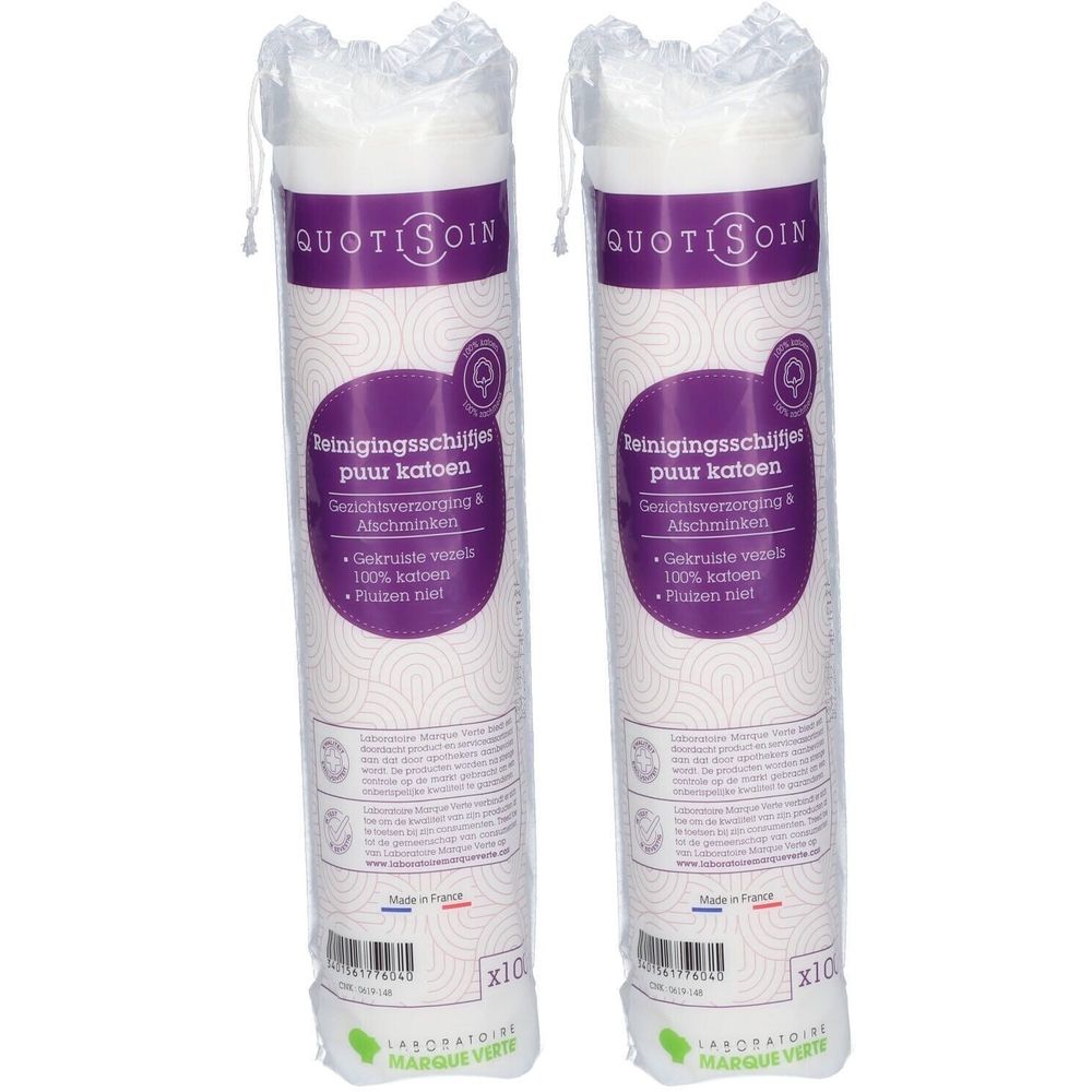 Zwei zylindrische Wattepad-Packungen. Aufdrucke: QUOTISOIN, Reinigunsschijfjes, 100% katoen. Laboratoire Marque Verte Logo.