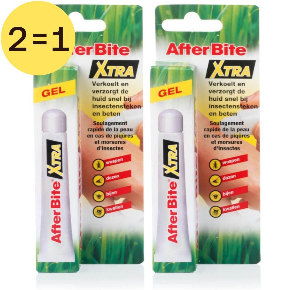 Zwei Tuben After Bite Xtra Gel in Blisterverpackung. Auf jeder Tube steht "XTRA" und "GEL". Auf der Verpackung sind Insekten abgebildet.