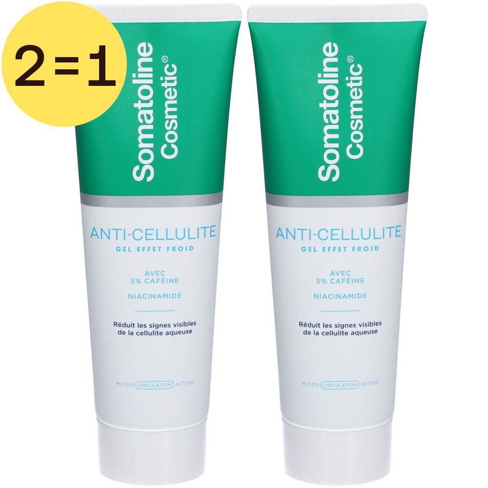 Deux tubes de gel anti-cellulite. Emballage vert et blanc. Inscription: Somatoline Cosmetic, Anti-Cellulite Gel, offre 2=1.