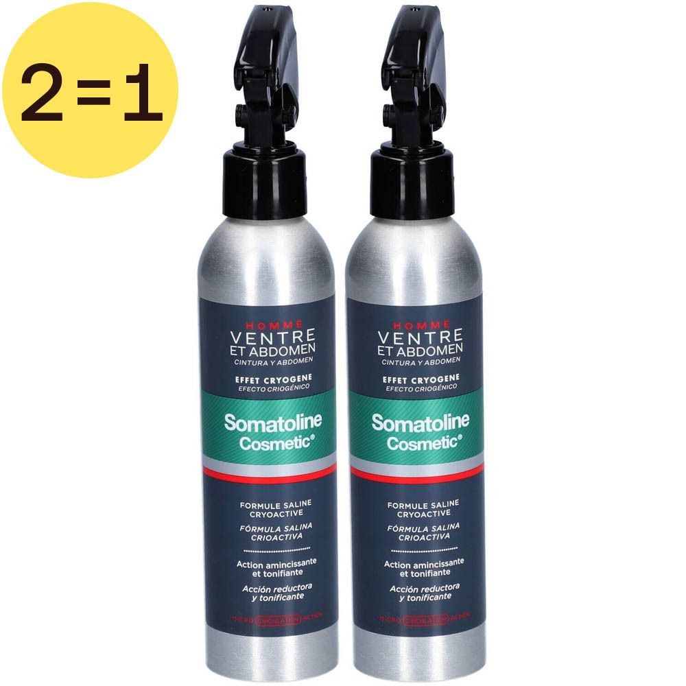 Zwei Sprühflaschen mit schwarzem Sprühkopf. Aufschrift: Somatoline Cosmetic. Gelber Kreis mit "2=1".