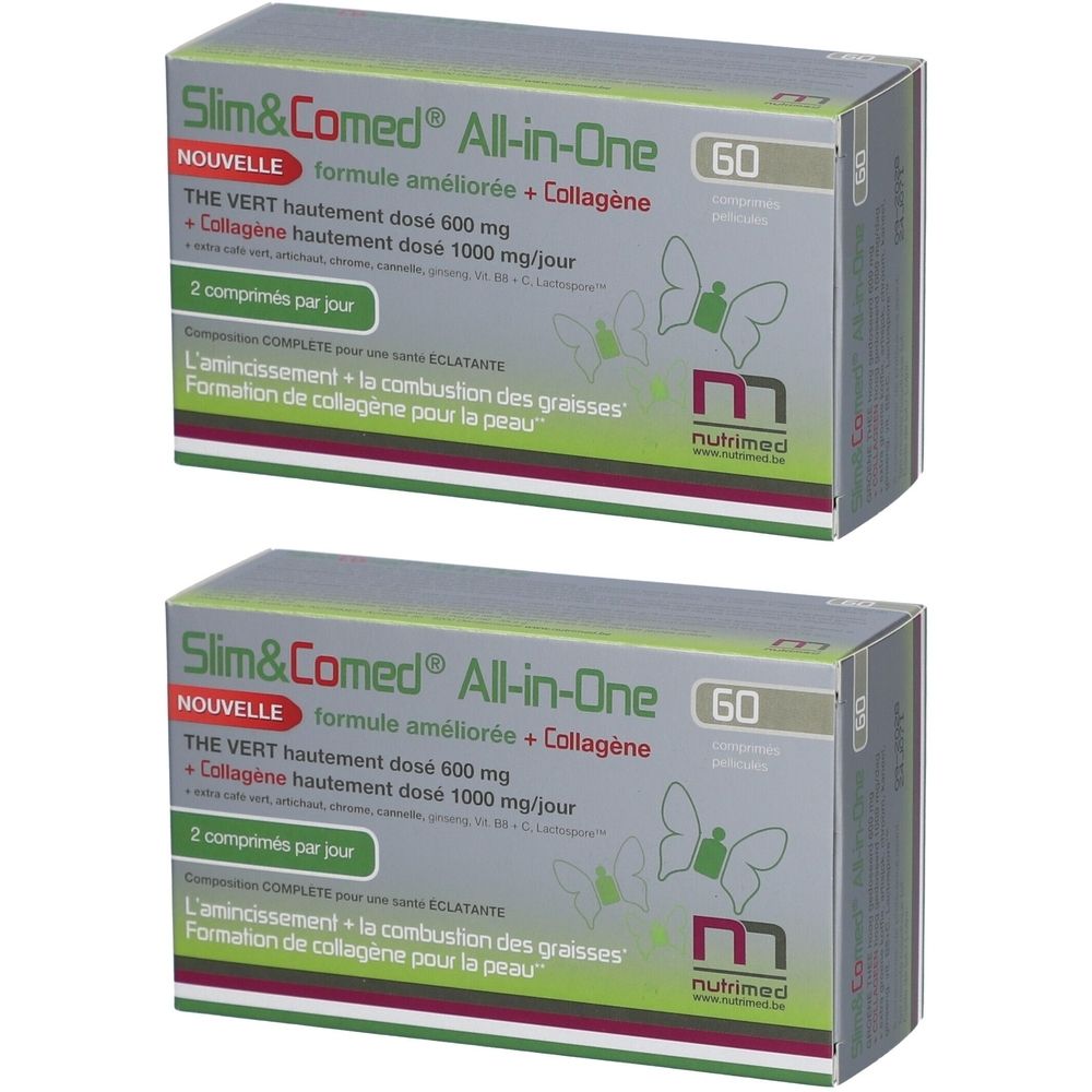 Zwei Schachteln Slim&Comed All-in-one. Grüne und weiße Verpackung mit Text und Logo. Enthält 60 Kapseln.