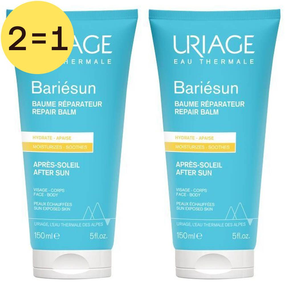 Deux tubes bleus Uriage Bariésun Après-Soleil. Cercle jaune avec "2=1". Texte: Baume Réparateur, Après-Soleil.