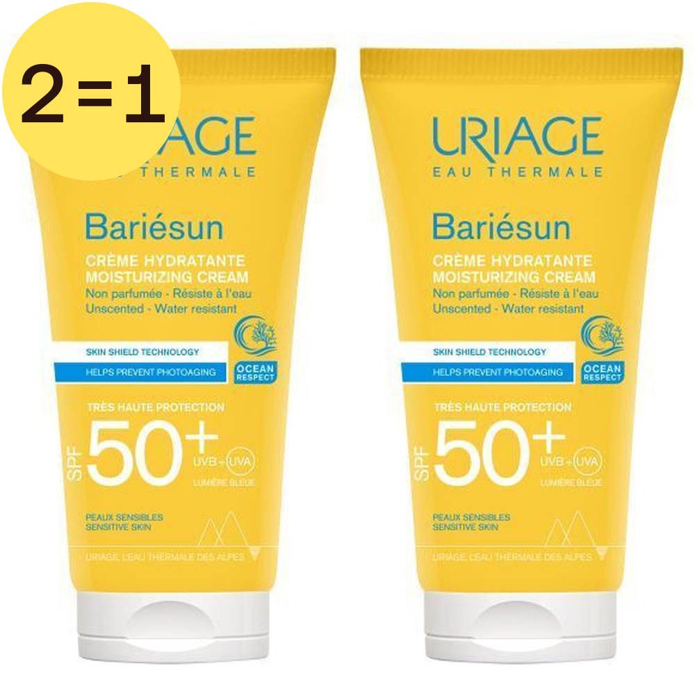 Deux tubes jaunes de crème Uriage Bariésun SPF50+. Inscription : Crème Hydratante, SPF 50+, Ocean Respect.