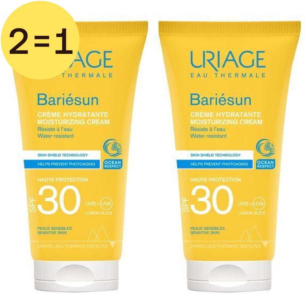 Deux tubes jaunes de Uriage Bariésun Crème SPF30. Inscription : Crème Hydratante, SPF 30, Ocean Respect.