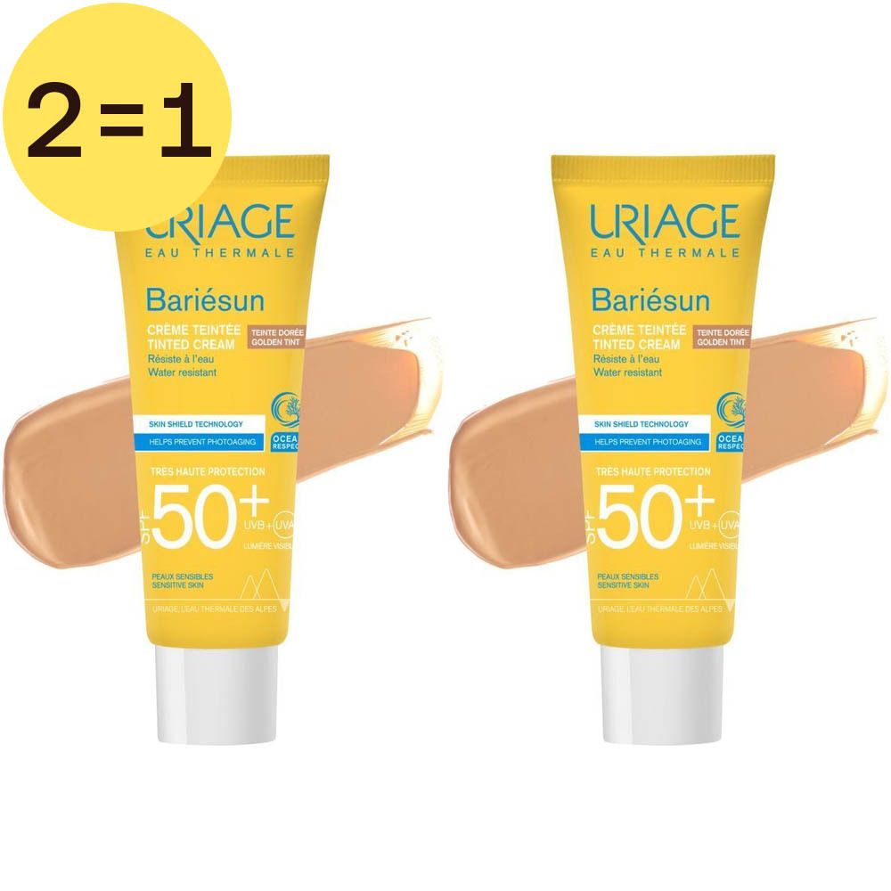 Zwei gelbe Tuben mit Sonnencreme. Aufschrift: Uriage Bariésun Crème Teintée Dorée SPF50+. Aufkleber: 2=1.