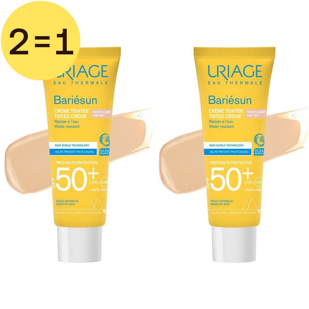 Zwei gelbe Tuben Uriage Bariésun Creme mit SPF 50+. Aufschrift: Crème Teintée, getönte Creme. 2=1-Kennzeichnung.