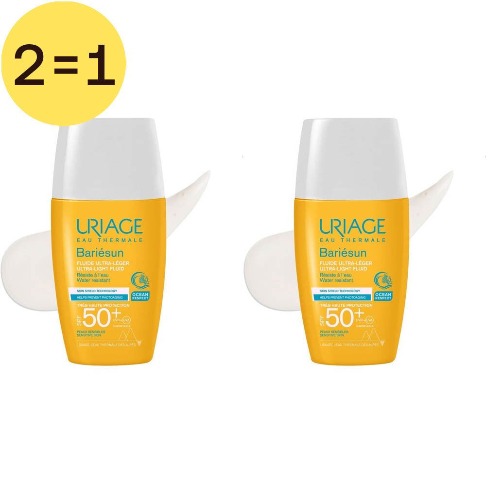 Zwei Flaschen Sonnencreme mit SPF 50+. Gelbe Flaschen mit weißem Deckel. Aufschrift: URIAGE, Bariésun. Gelbes Promo-Label: 2=1.