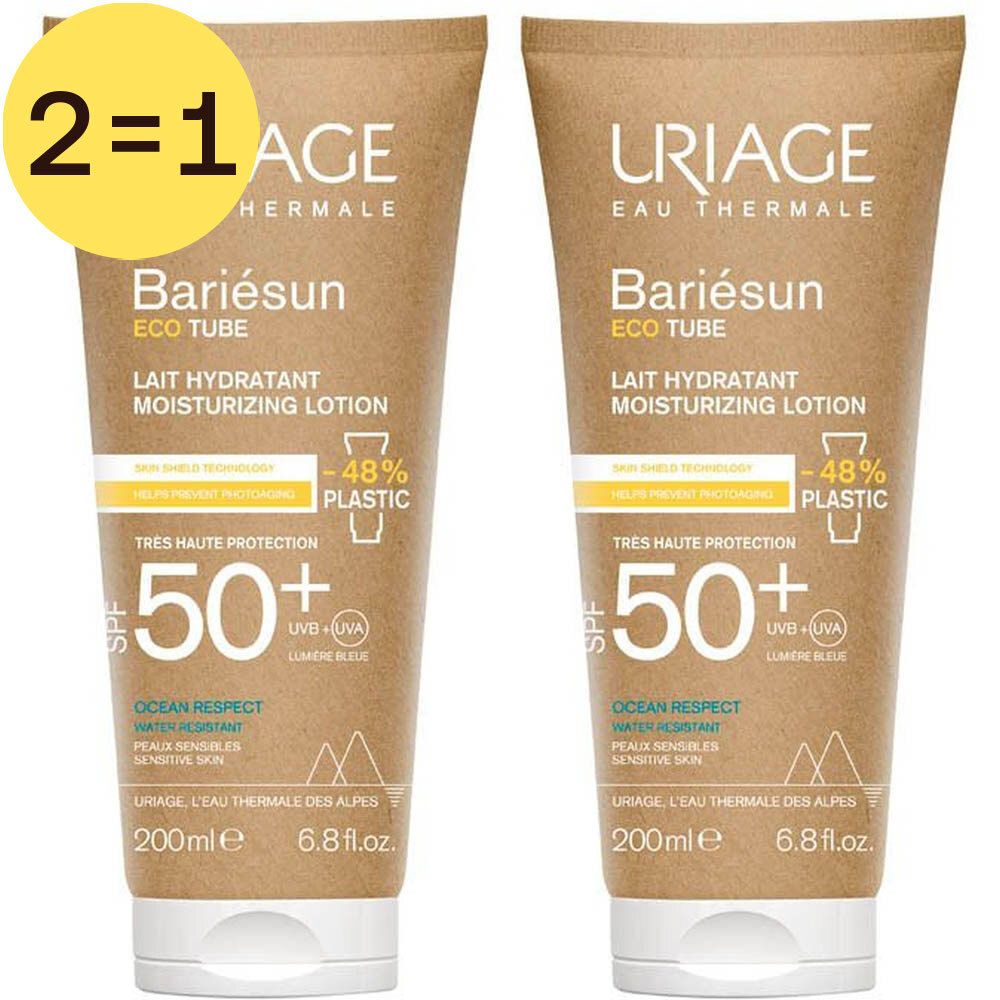 Zwei Tuben Uriage Bariésun Lait Hydratant SPF50+. Beige Tuben mit weißem Verschluss. Aufschrift: 50+ und Ocean Respect.