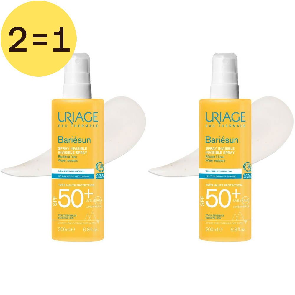 Zwei gelbe Flaschen mit weißem Sprühkopf. Aufschrift: Uriage Bariésun SPF50+. Gelbes Etikett mit Aufschrift 2=1.