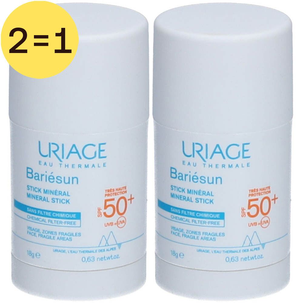 Deux sticks blancs "URIAGE Bariésun Stick Mineral". Cercle jaune "2=1". Protection SPF 50+. Zones fragiles.