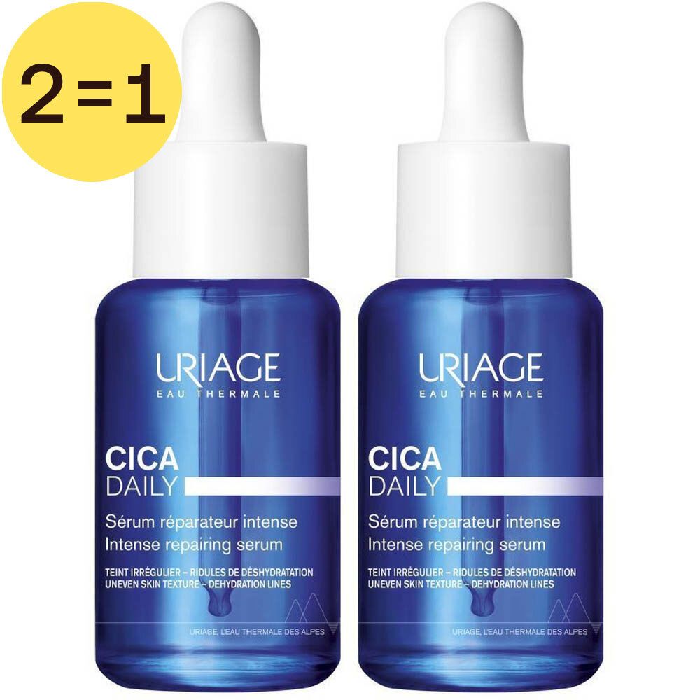 Zwei blaue Flaschen mit weißem Verschluss. Aufschrift: URIAGE, CICA DAILY, Sérum réparateur intense. Gelbes Etikett: 2=1.