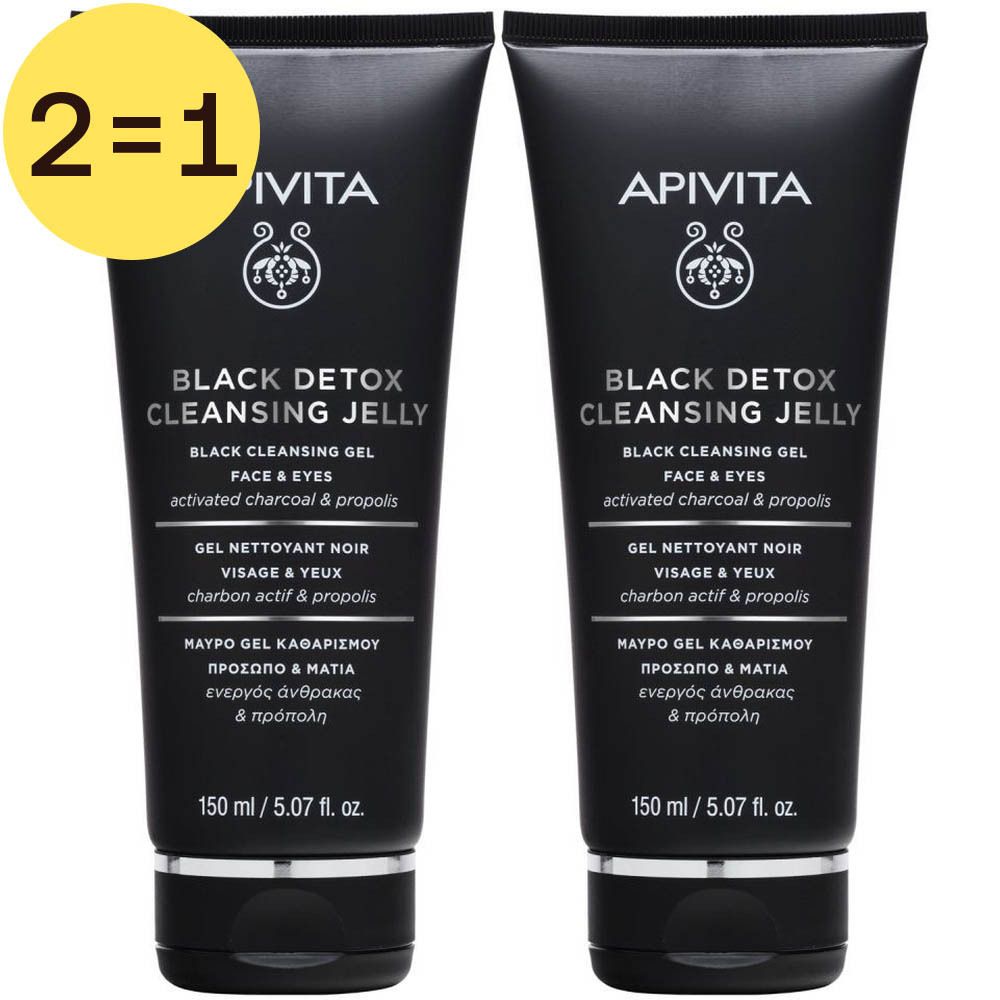 Deux tubes noirs de gel nettoyant APIVITA avec impression. Autocollants jaunes avec "2=1".