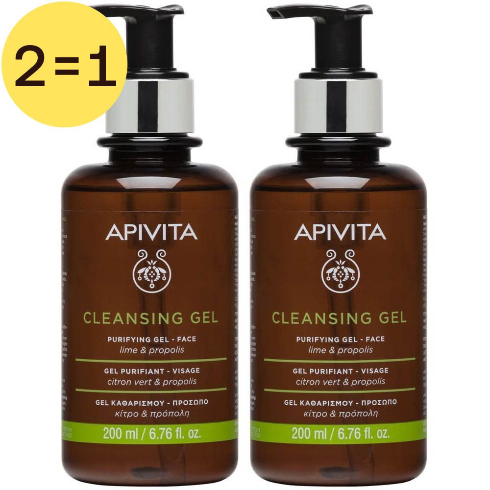 Deux flacons marron avec pompe noire. Inscription: APIVITA, CLEANSING GEL. Marque jaune "2=1".