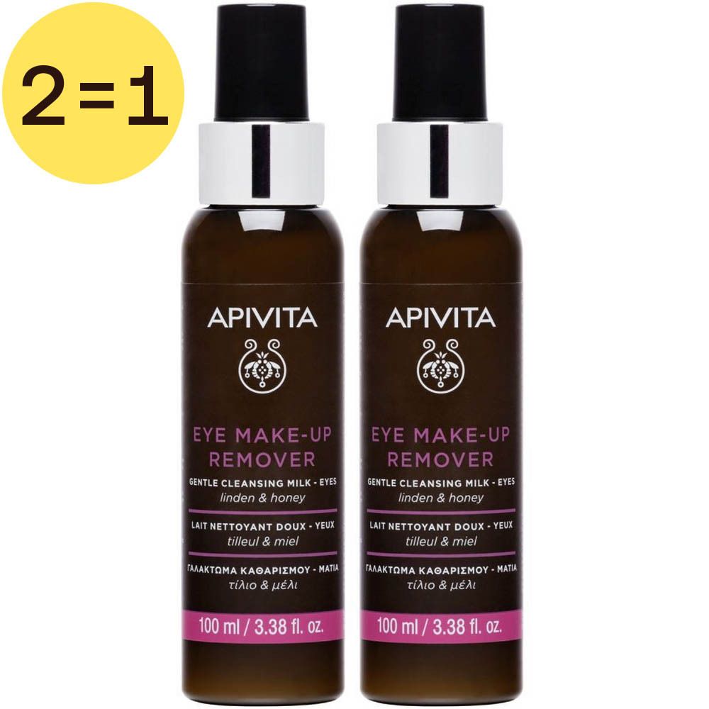 Deux flacons de démaquillant pour les yeux. Flacons bruns avec bouchon noir et col blanc. Inscription : APIVITA.