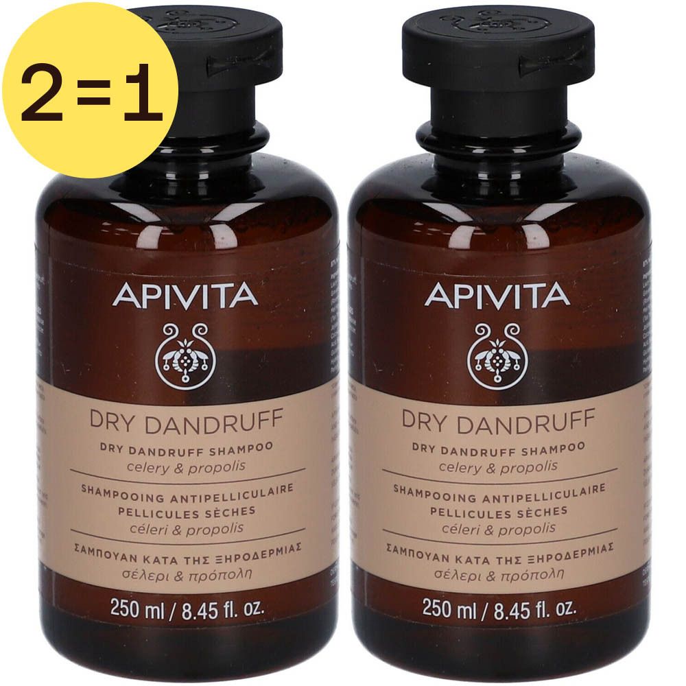 Deux flacons de shampooing antipelliculaire Apivita. Flacons bruns avec bouchon noir. Inscription: Dry Dandruff, 250 ml.
