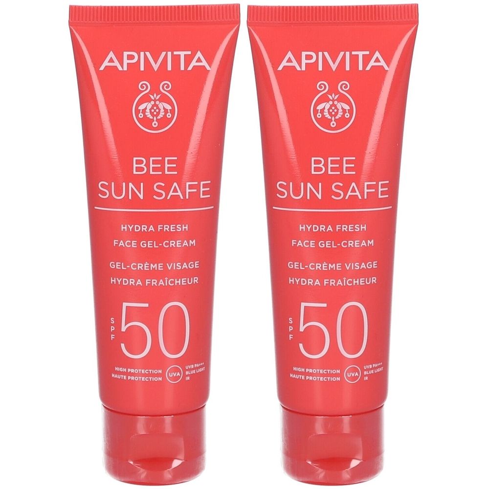 Zwei Tuben Apivita Bee Sun Safe Gel-Crème Visage Hydra Fraîcheur SPF50. Rote Verpackung mit weißer Schrift. SPF 50.