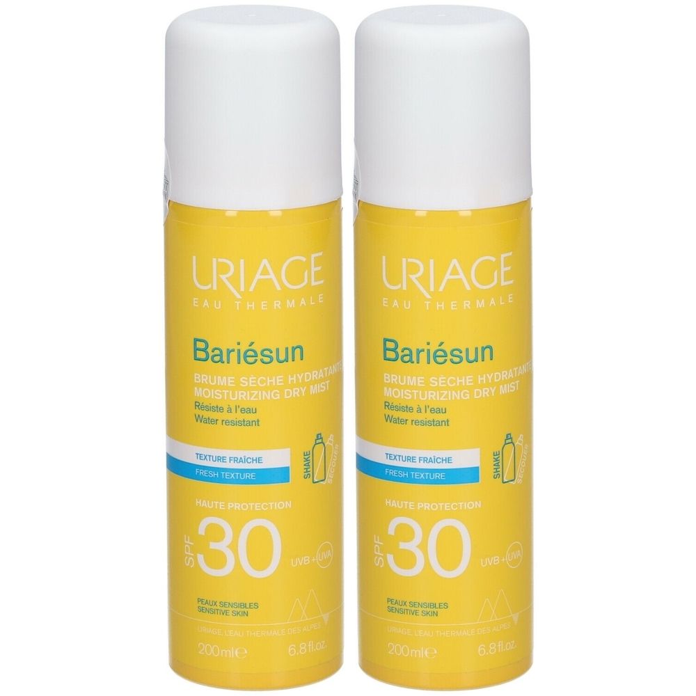Deux sprays jaunes avec bouchons blancs. Inscription: URIAGE, Bariésun, SPF 30. Texture fraîche. Peaux sensibles.