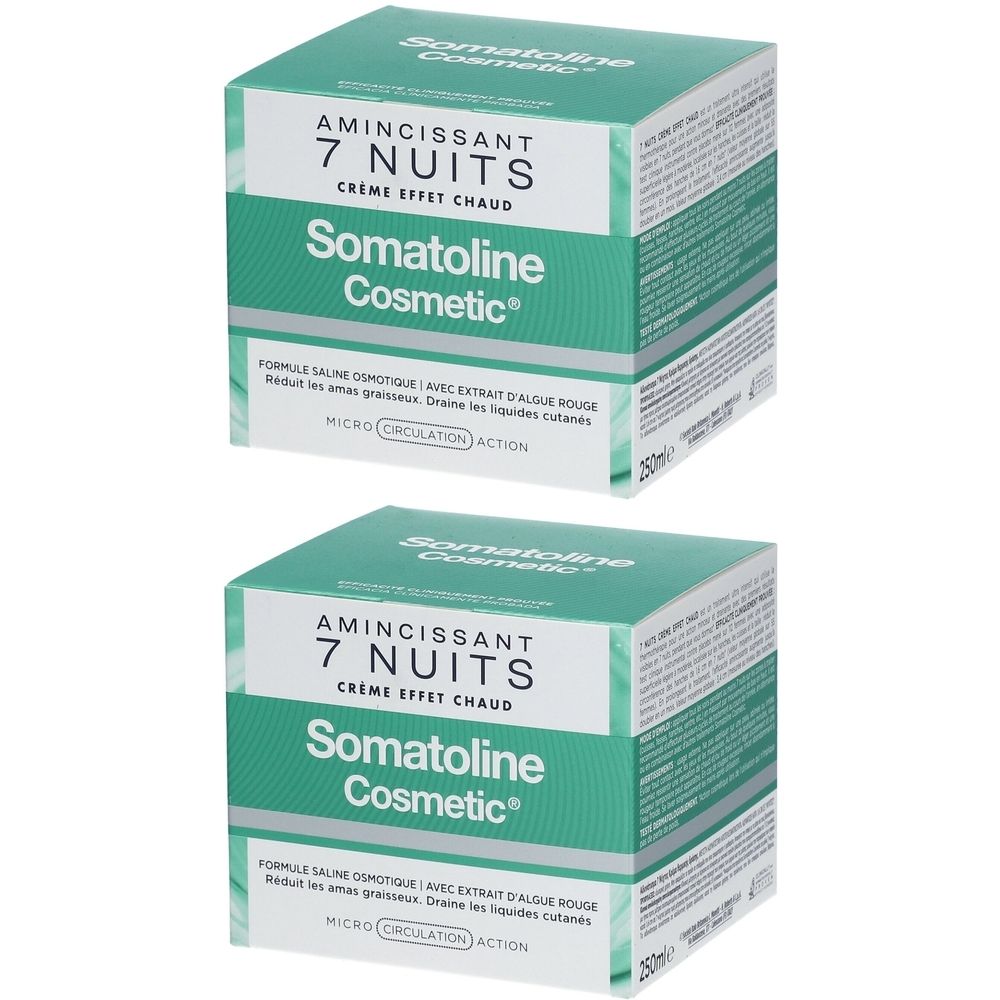 Deux boîtes carrées "Somatoline Cosmetic® Amincissant 7 Nuits". Emballage vert et blanc avec informations produit.