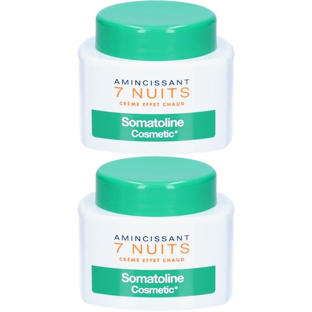 Zwei Tiegel Somatoline Cosmetic® 7 Nuits, weiß mit grünem Deckel. Aufschrift: Amincissant 7 Nuits, Crème effet chaud.
