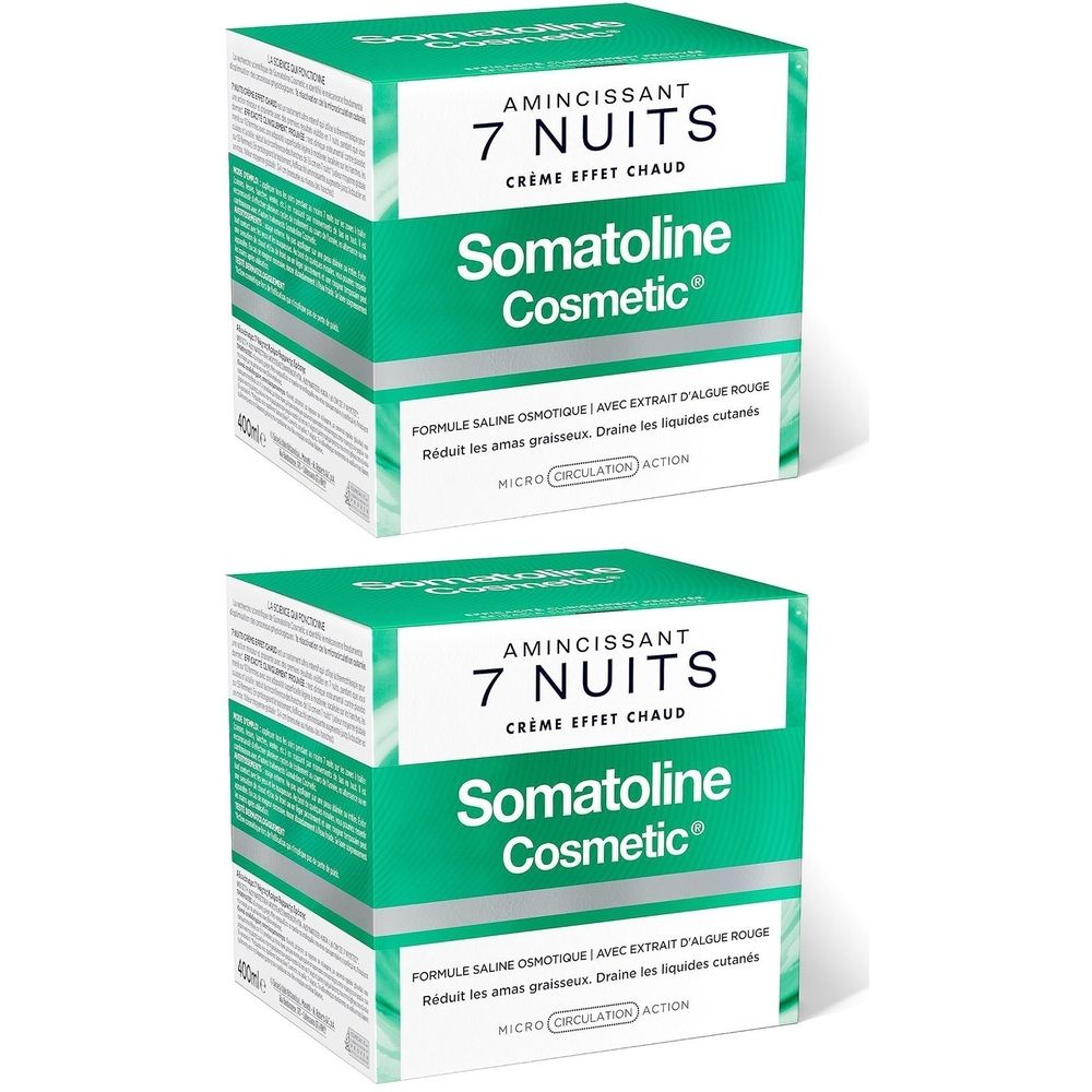Deux boîtes Somatoline Cosmetic® 7 Nuits. Vert et blanc. Inscription: Amincissant 7 Nuits, Crème effet chaud. Avec texte.