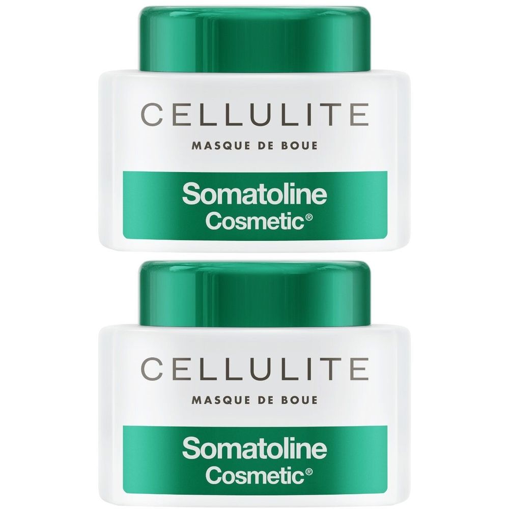 Deux pots blancs avec couvercles verts. Inscription CELLULITE, dessous Somatoline Cosmetic.