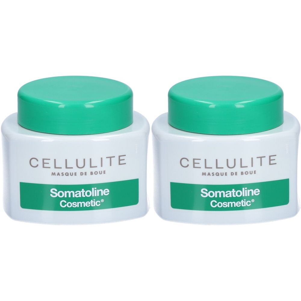 Deux pots blancs avec couvercles verts. Inscription CELLULITE, dessous Somatoline Cosmetic.