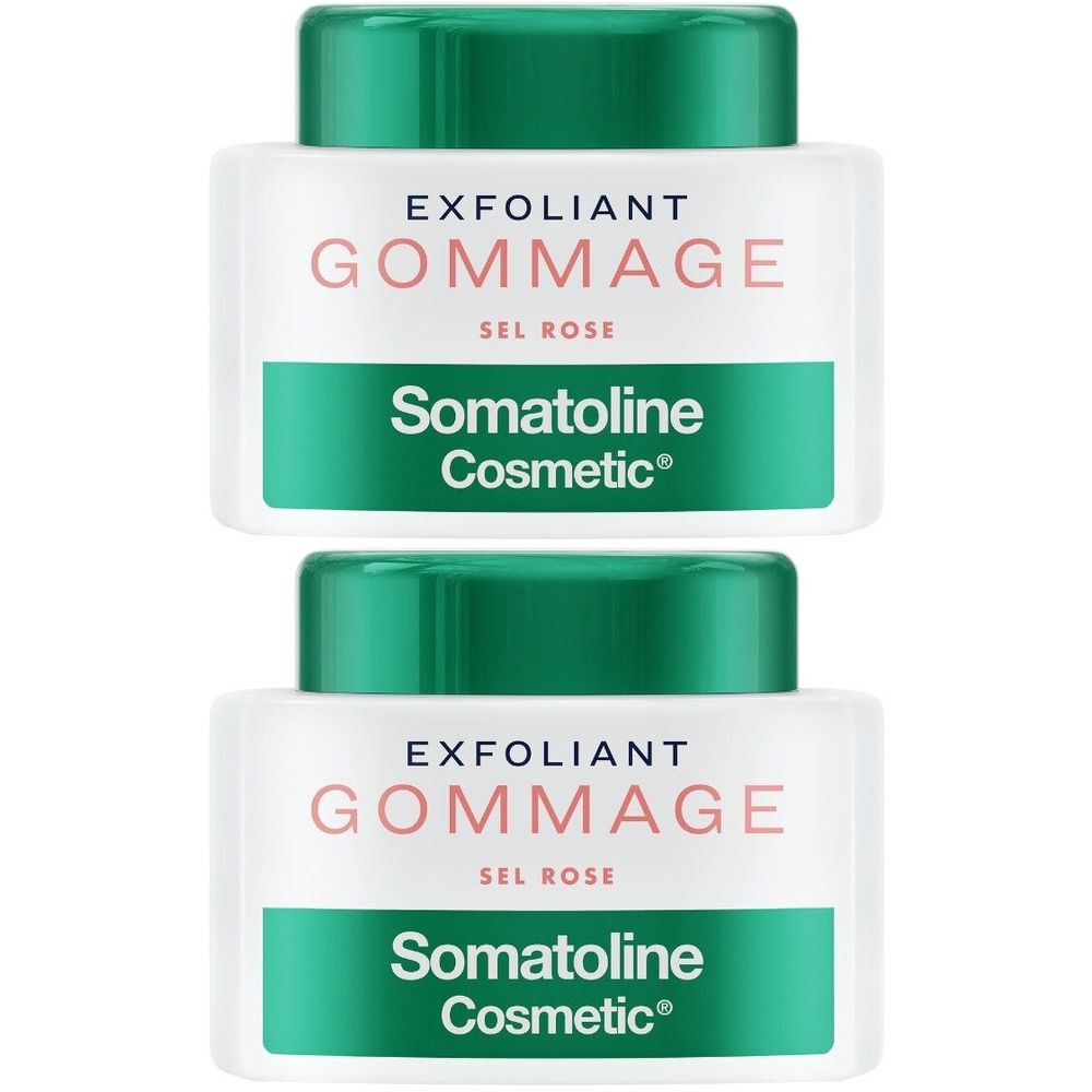 Deux pots de Somatoline Cosmetic® Gommage Sel Rose. Récipients blancs avec couvercles verts. Inscription: EXFOLIANT GOMMAGE, Sel Rose.