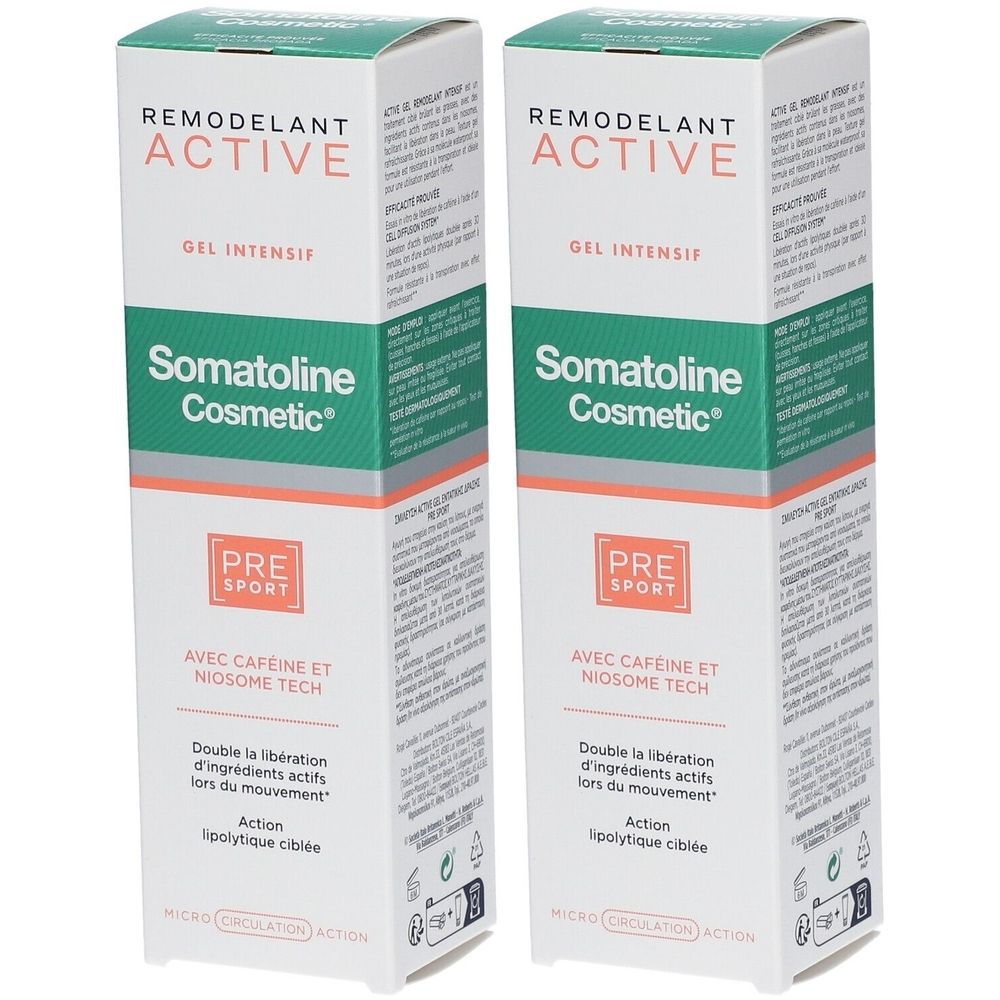 Zwei Somatoline Cosmetic PRE Sport Duo Packungen. Weiße Schachteln mit grüner und orangefarbener Schrift. Text: Remodelant Active, Gel Intensif.