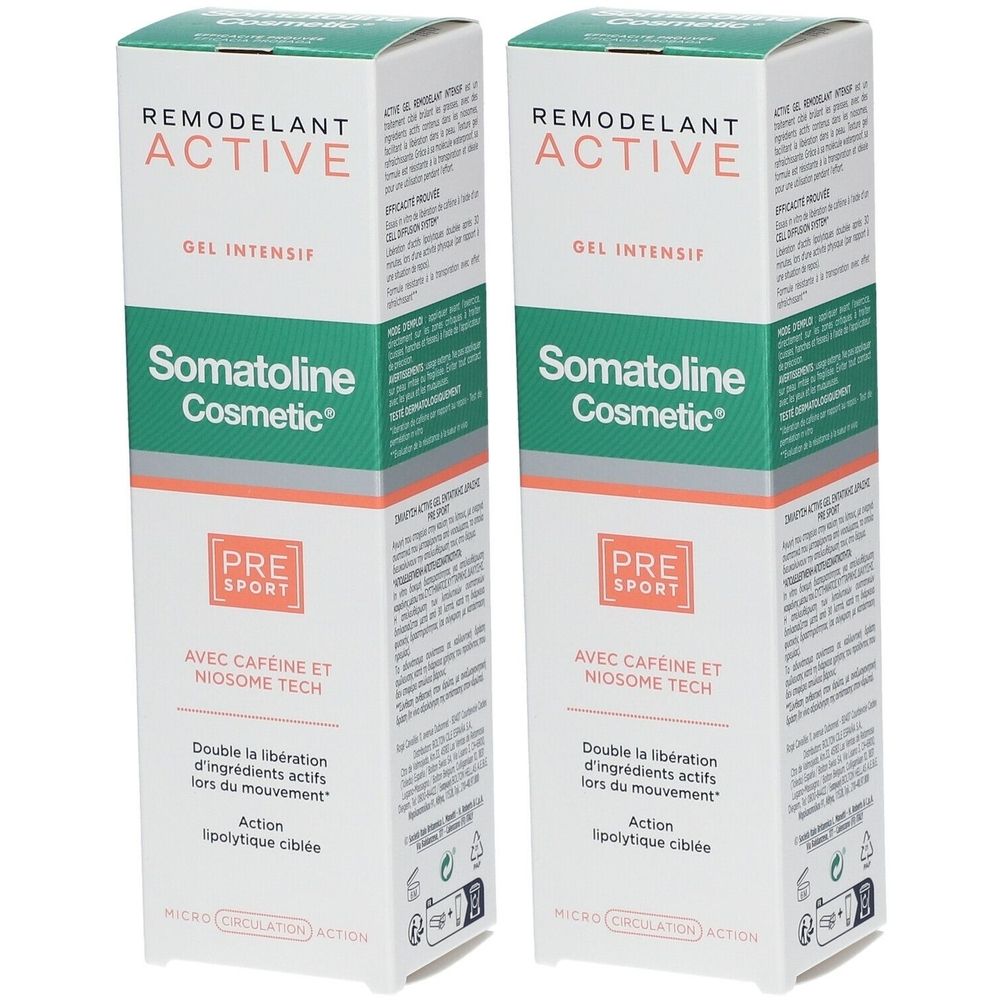 Deux boîtes Somatoline Cosmetic PRE Sport Duo. Boîtes blanches avec texte vert et orange. Texte: Remodelant Active, Gel Intensif.