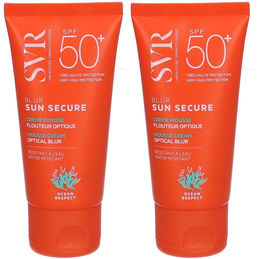 Deux tubes de SVR Sun Secure Blur LSF50+. Emballage orange avec texte blanc. Contient SPF 50+ et résistant à l'eau.