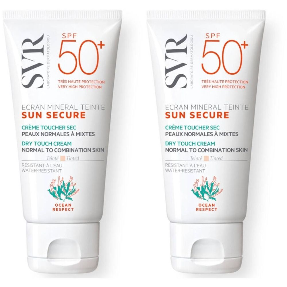 Deux tubes de crème SVR Sun Secure Dry Touch. Tubes blancs avec indication SPF 50+ en rouge. Texte: ECRAN MINERAL TEINTE SUN SECURE.