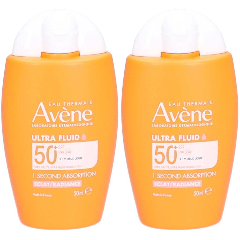 Deux flacons orange avec bouchons blancs. Inscription: Avène Ultra Fluid 50 SPF. 50ml.