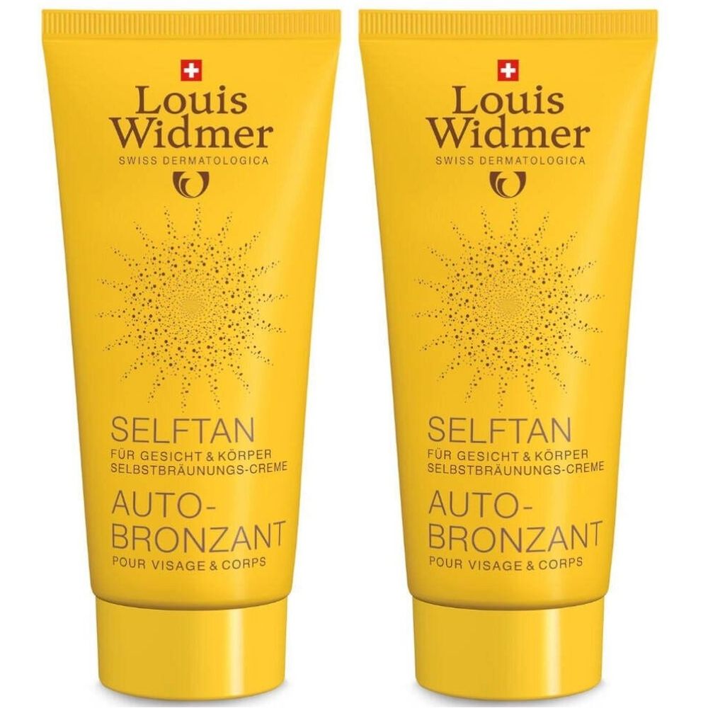 Deux tubes jaunes de crème autobronzante Louis Widmer. Inscription: SELFTAN, Auto-Bronzant. Croix suisse.