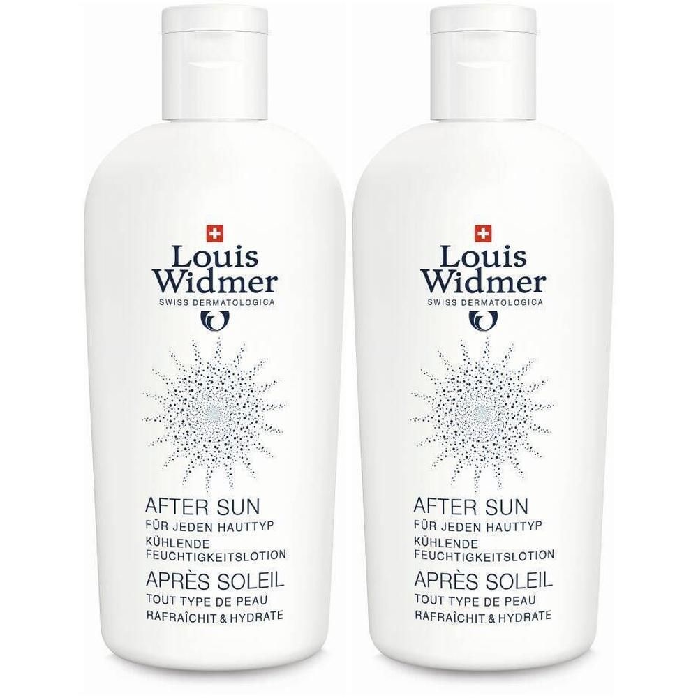 Zwei weiße Flaschen mit weißem Deckel. Aufschrift: Louis Widmer, After Sun, Après Soleil. Kühlende Feuchtigkeitlotion.