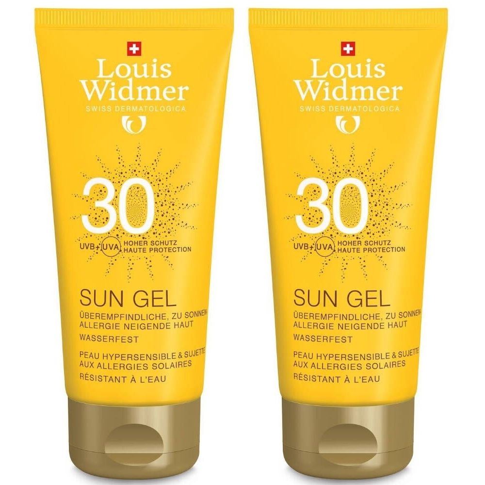 Zwei gelbe Tuben mit Sonnencreme. Aufschrift: Louis Widmer, Sun Gel 30. Wasserfest, für empfindliche Haut.
