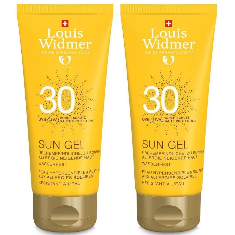 Deux tubes jaunes de Louis Widmer Sun Gel SPF 30. Inscription: Sun Gel, haute protection, résistant à l'eau. Croix suisse.